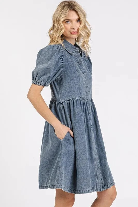 Mittoshop Button Down Puff Sleeve Denim Dress - Fashorio