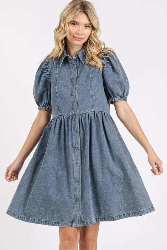 Mittoshop Button Down Puff Sleeve Denim Dress - Fashorio