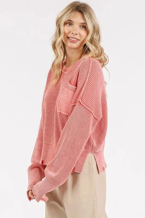 Mittoshop Distressed Hem Round Neck Dropped Shoulder Sweater - Fashorio