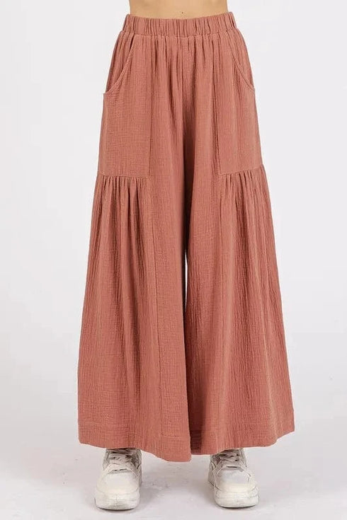 Mittoshop Gauze Elastic Waist Pleated Wide Leg Pants - Fashorio