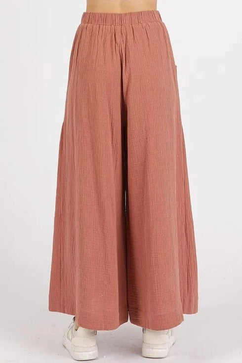 Mittoshop Gauze Elastic Waist Pleated Wide Leg Pants - Fashorio