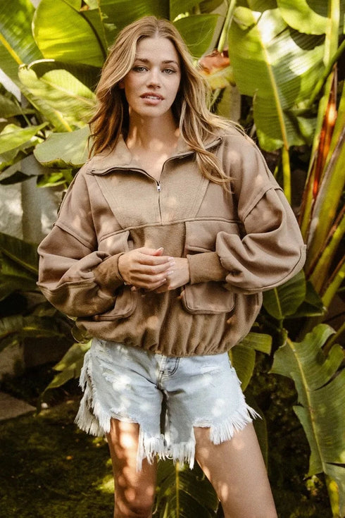 BiBi Half Zip Vintage Washed Fleece Pullover MOCHA - Fashorio