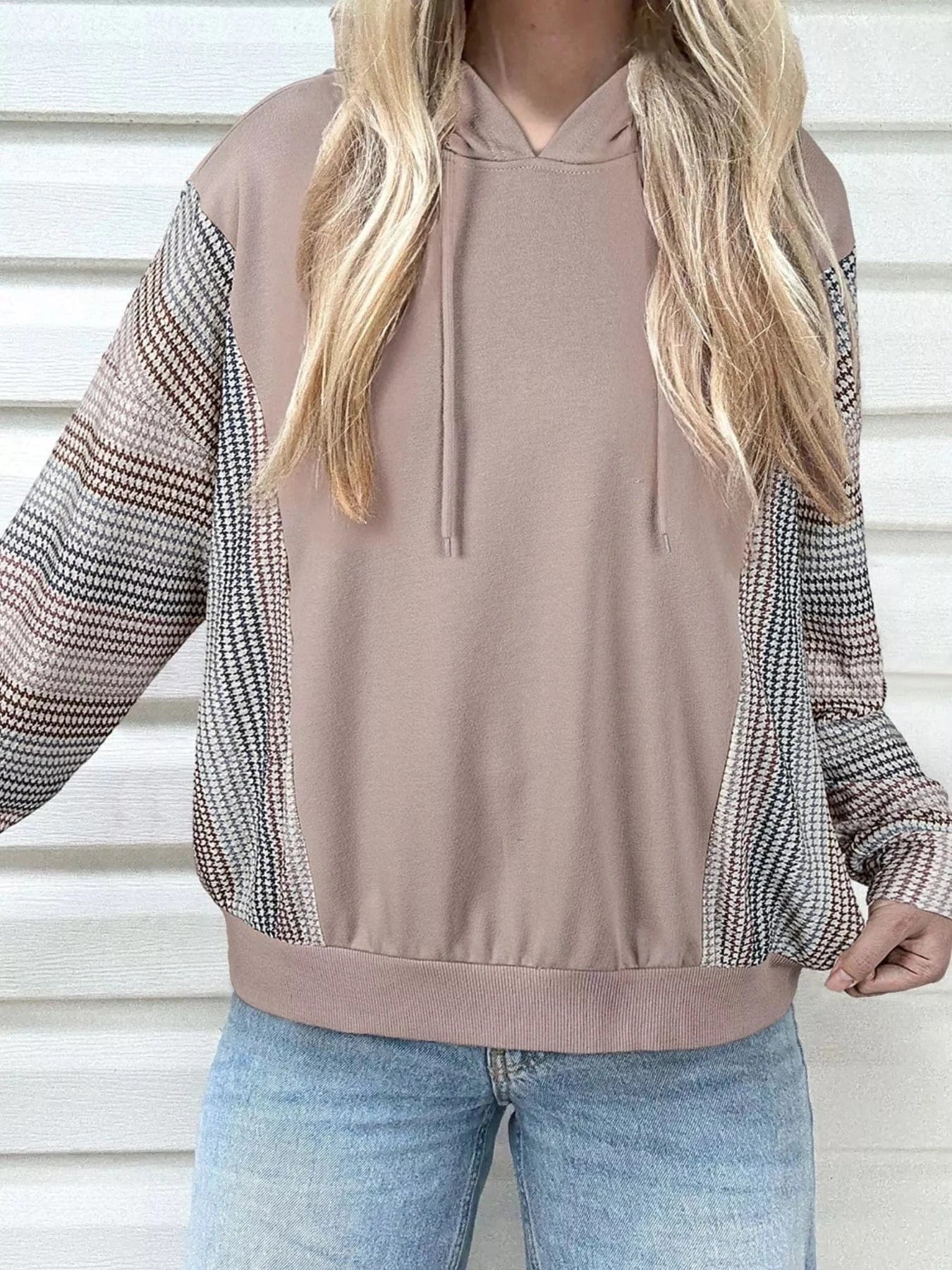 Colorblock Patchwork Baggy Hoodie Mocha - Fashorio