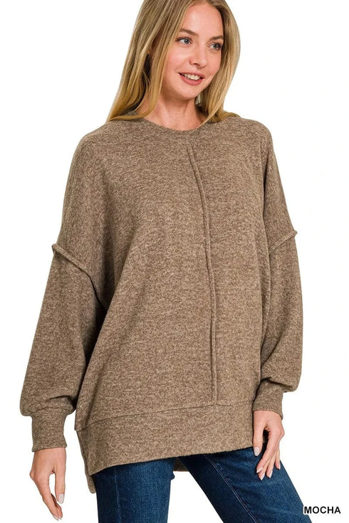 Zenana Brushed Melange Hacci Oversized Sweater MOCHA - Fashorio