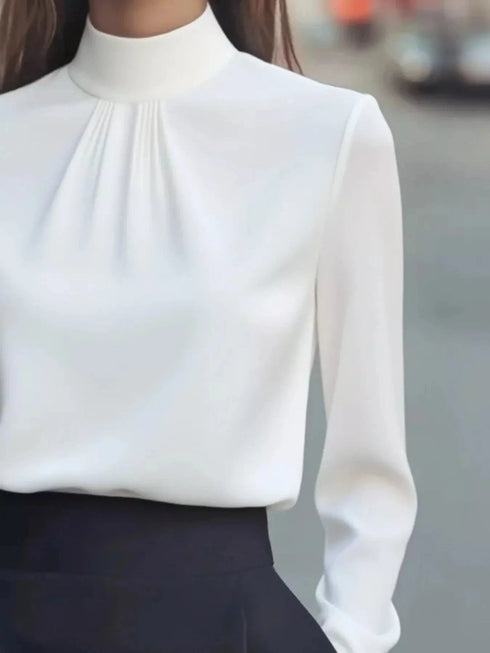 Mock Neck Long Sleeve Blouse with Pleated Detail - Fashorio
