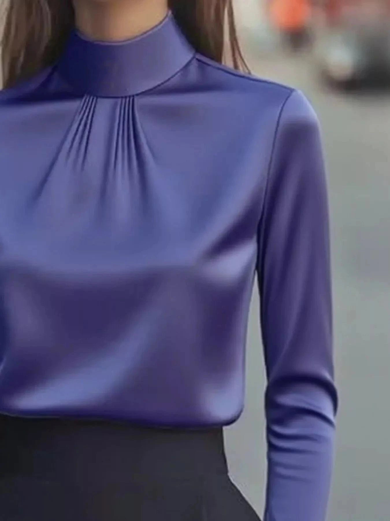 Mock Neck Long Sleeve Blouse with Pleated Detail - Fashorio