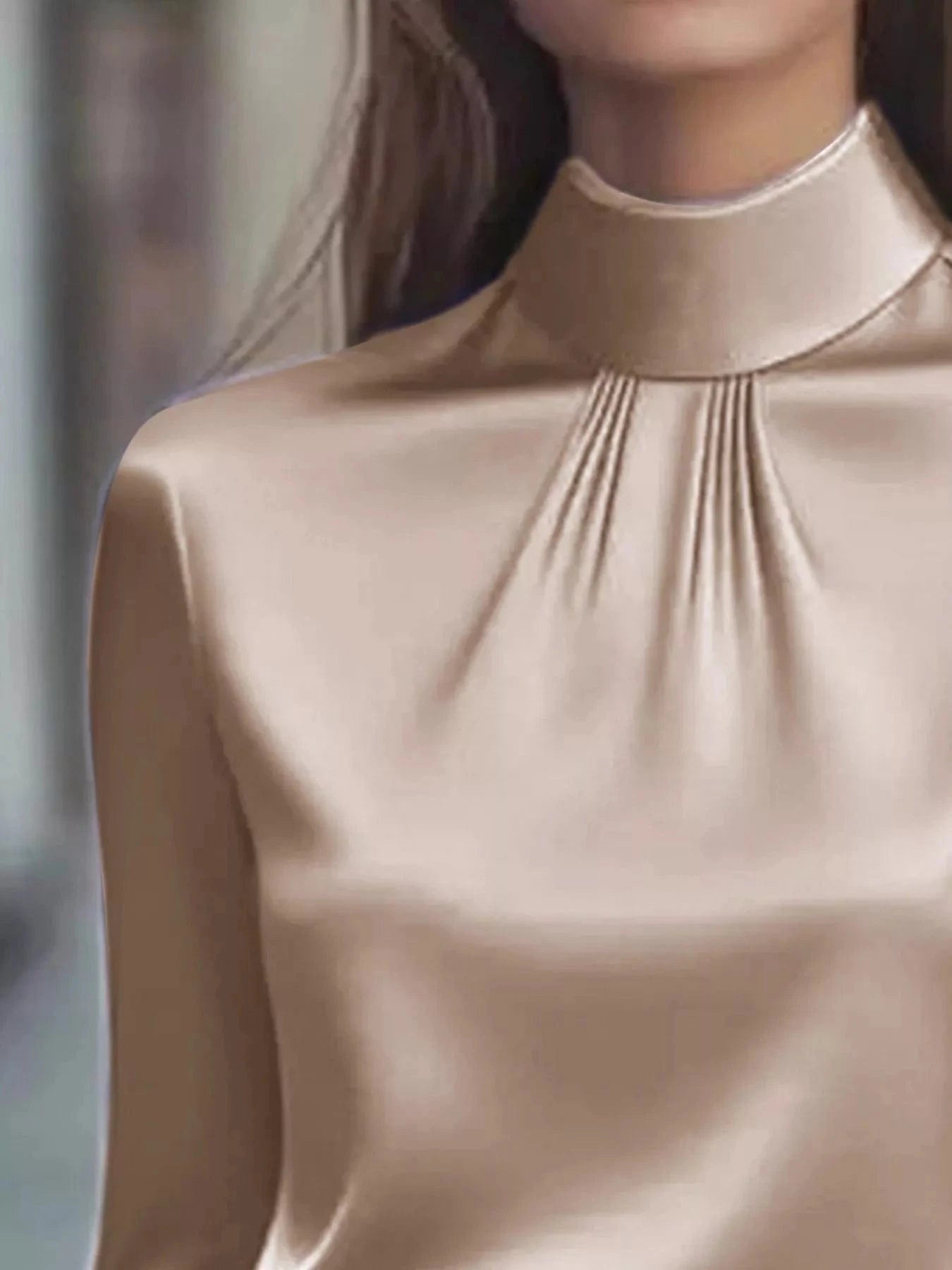 Mock Neck Long Sleeve Blouse with Pleated Detail - Fashorio
