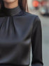 Mock Neck Long Sleeve Blouse with Pleated Detail - Fashorio