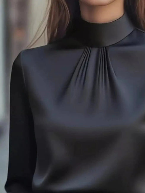 Mock Neck Long Sleeve Blouse with Pleated Detail - Fashorio