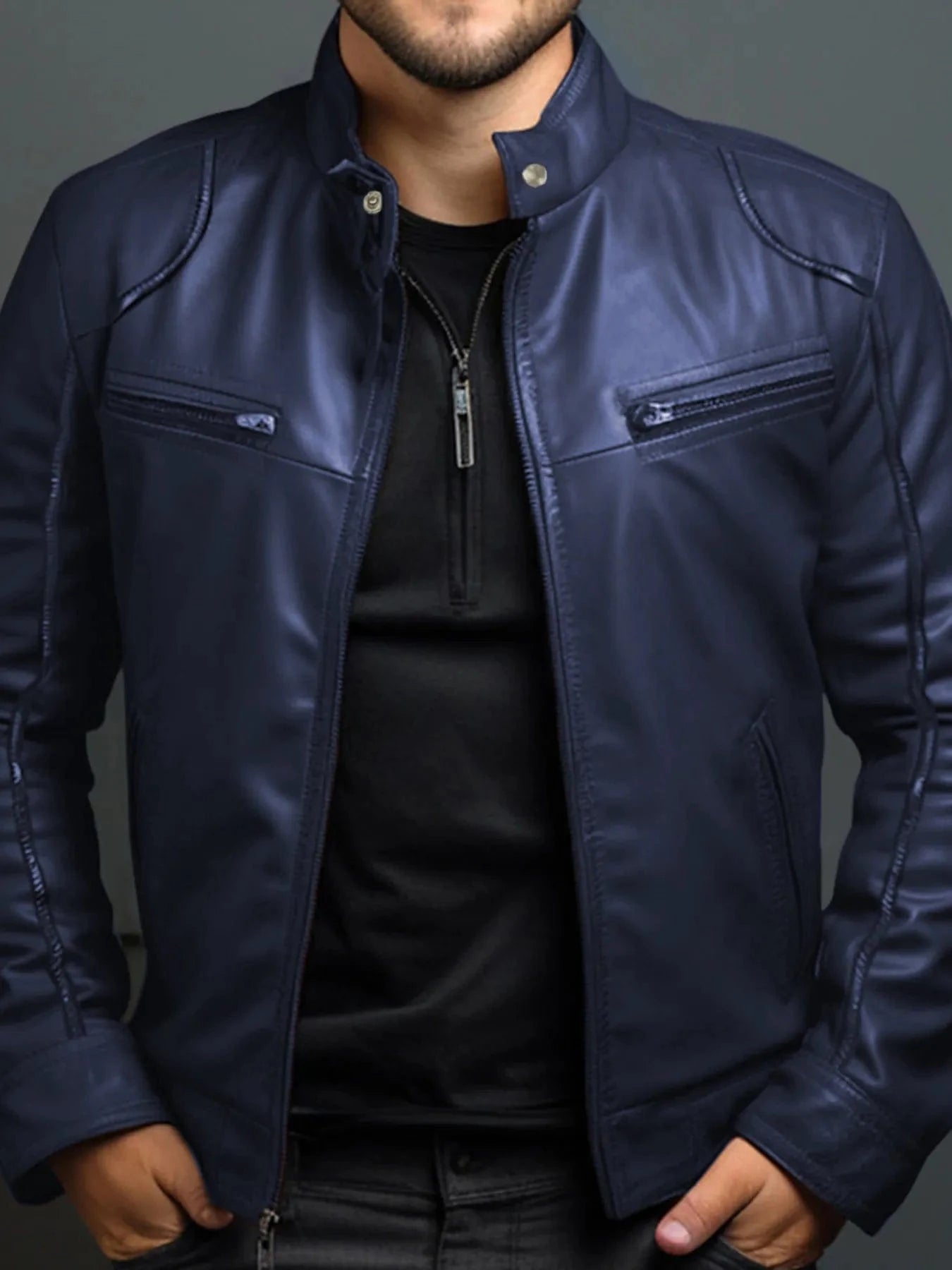 Men's Full Size Leather Motorcycle Jacket with Zipper Front Plus Size Navy Blue - Fashorio