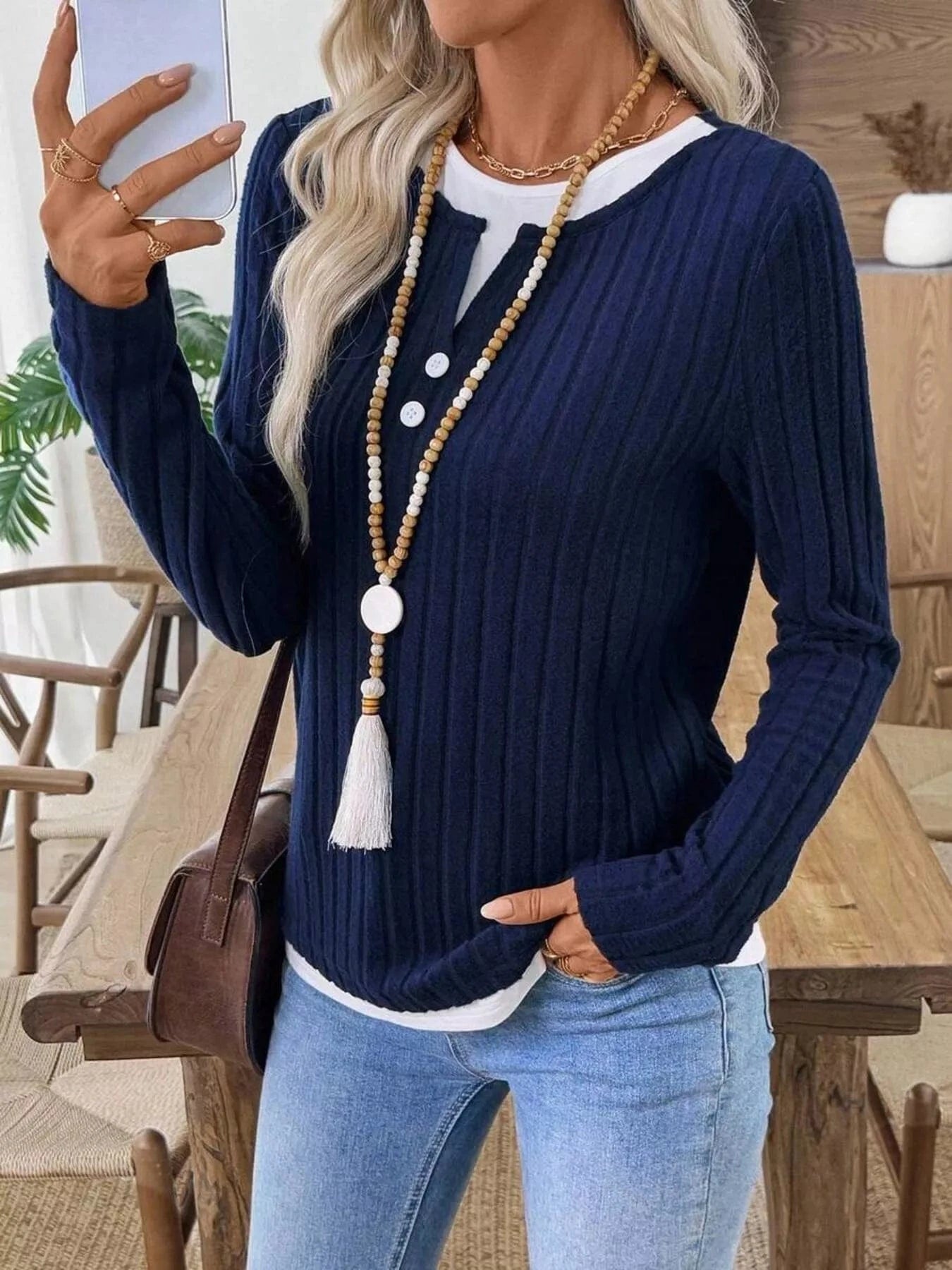 Ribbed Knit Button Detail Contrast Sweater Navy - Fashorio