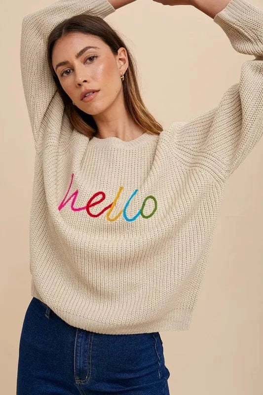 Annie Wear HELLO Embroidered Raglan Sleeve Sweater Oatmeal - Fashorio