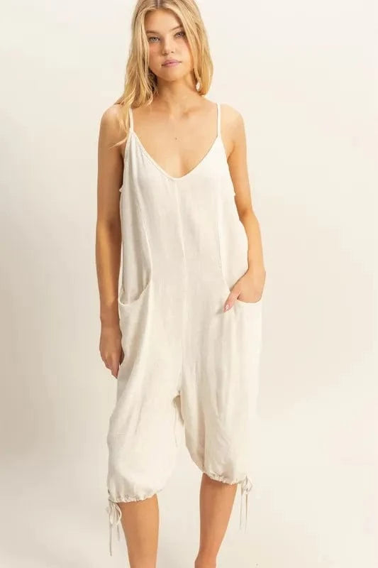 HYFVE V-Neck Pocket Detail Side Tie Hem Romper OATMEAL - Fashorio
