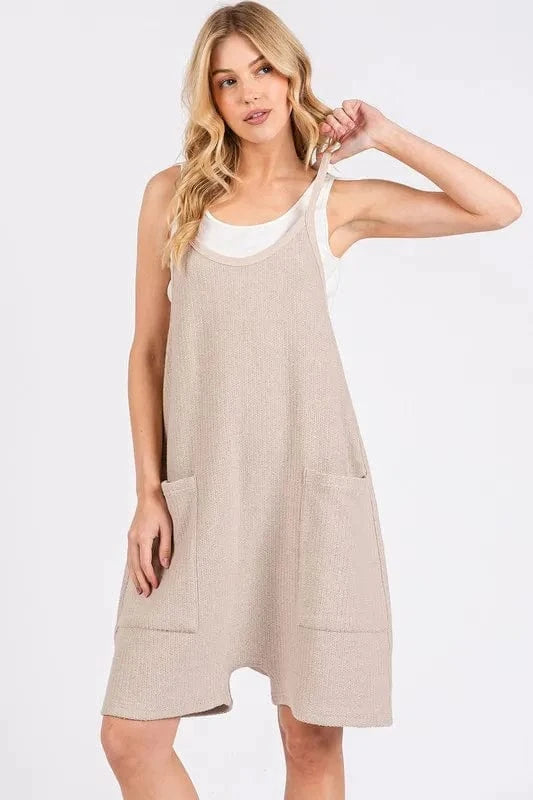 Mittoshop Scoop Neck Spaghetti Strap Overalls with Pockets Oatmeal - Fashorio