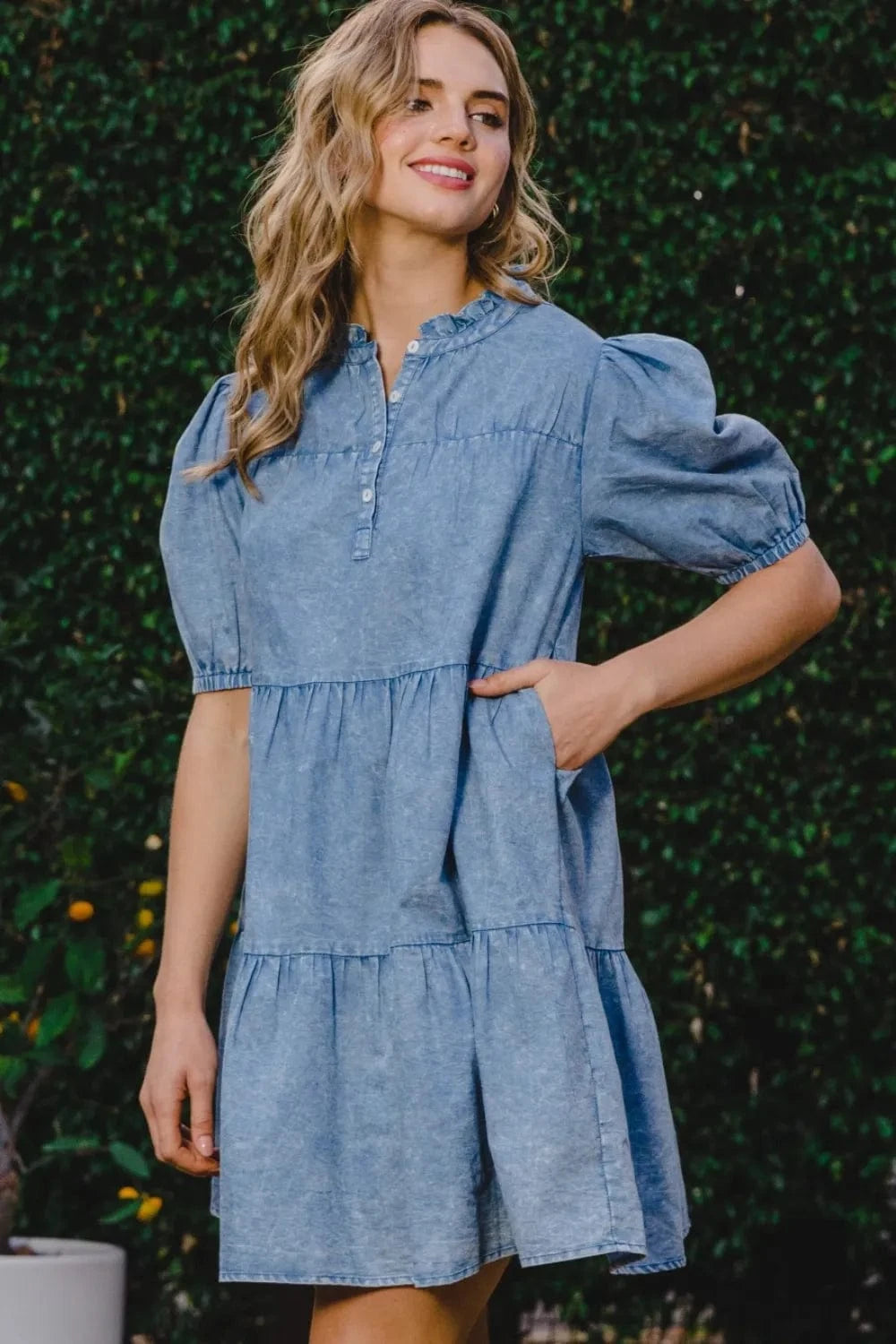 ODDI Washed Tiered Mini Denim Dress - Fashorio