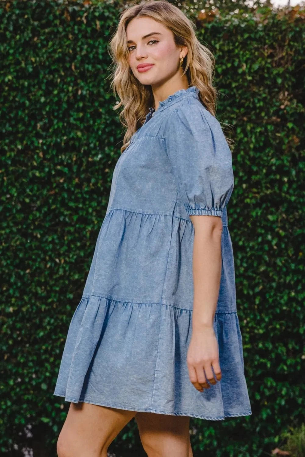 ODDI Washed Tiered Mini Denim Dress - Fashorio