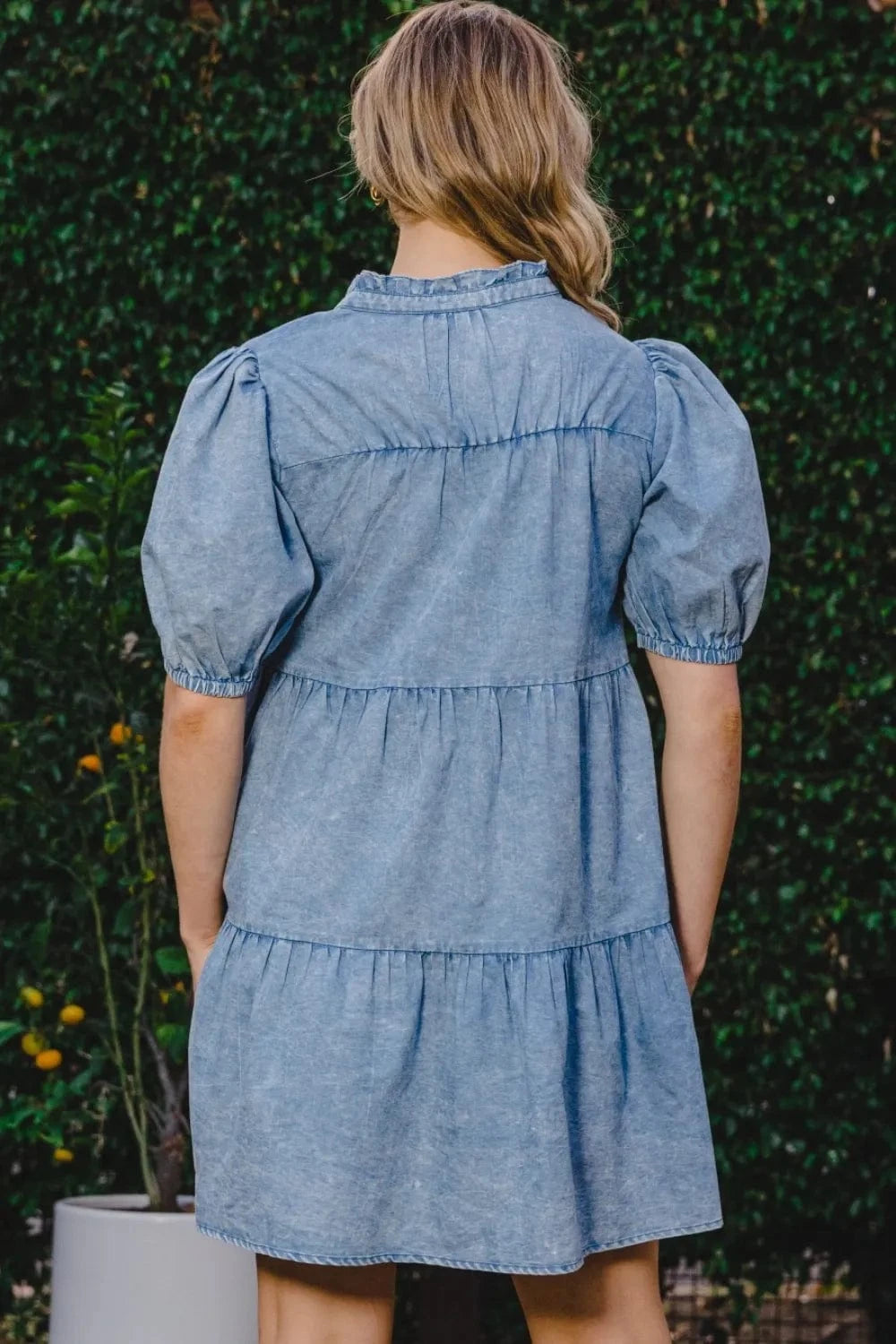 ODDI Washed Tiered Mini Denim Dress - Fashorio