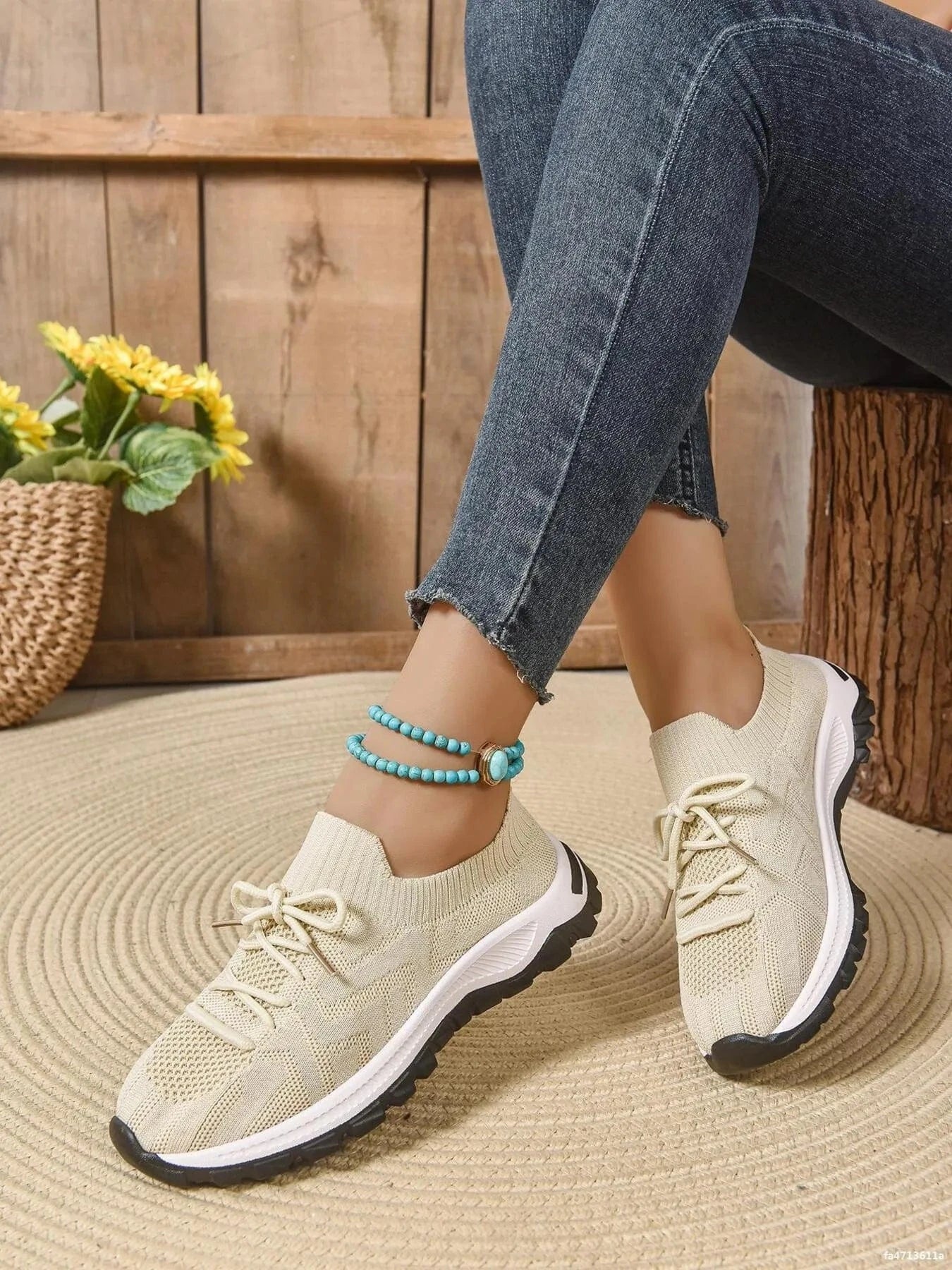 Mesh Knit Lace Up Athletic Off-white - Fashorio