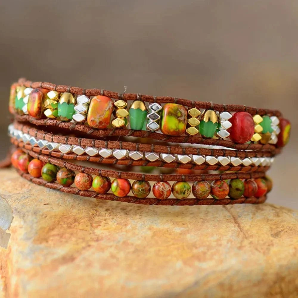 Natural Stone Woven Bracelet Orange One Size - Fashorio
