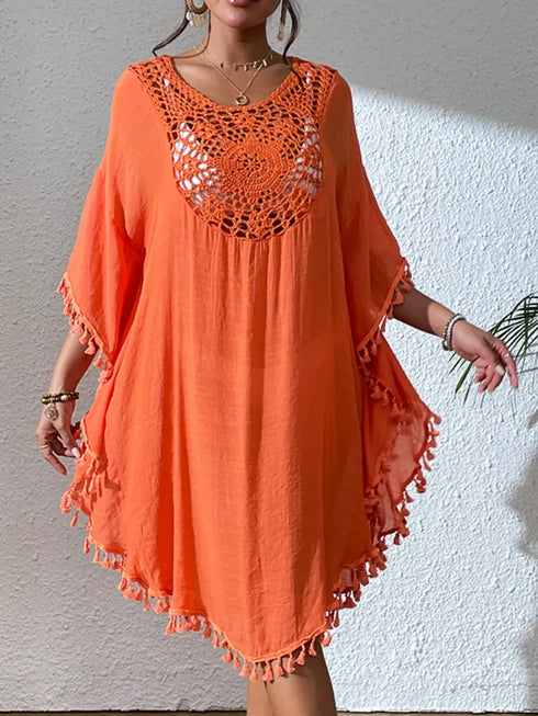 Fashorio Orange / One Size Tassel Cutout Scoop Neck Cover-Up Dress