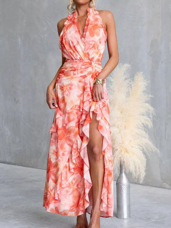 Fashorio Orange-red / S Floral Print Ruffle Halter Neck Maxi Dress