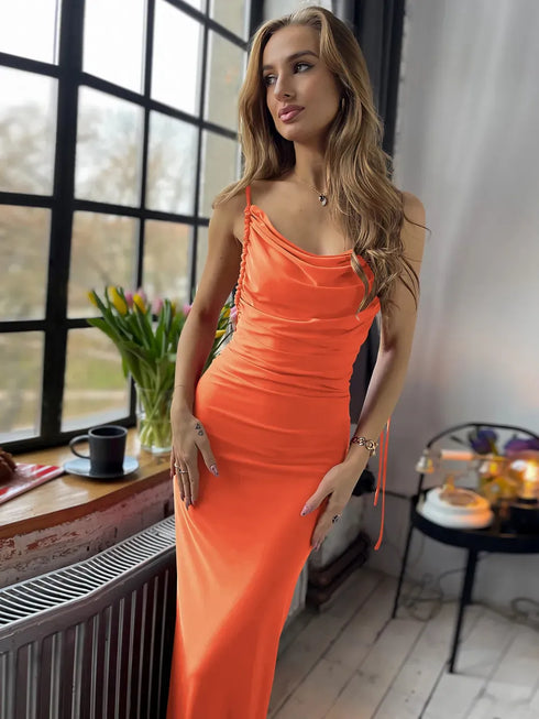 Fashorio Orange / S Backless Cowl Neck Sleeveless Cami Dress