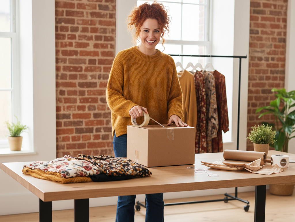 Woman packaging a box in a room with brick walls and plants.
