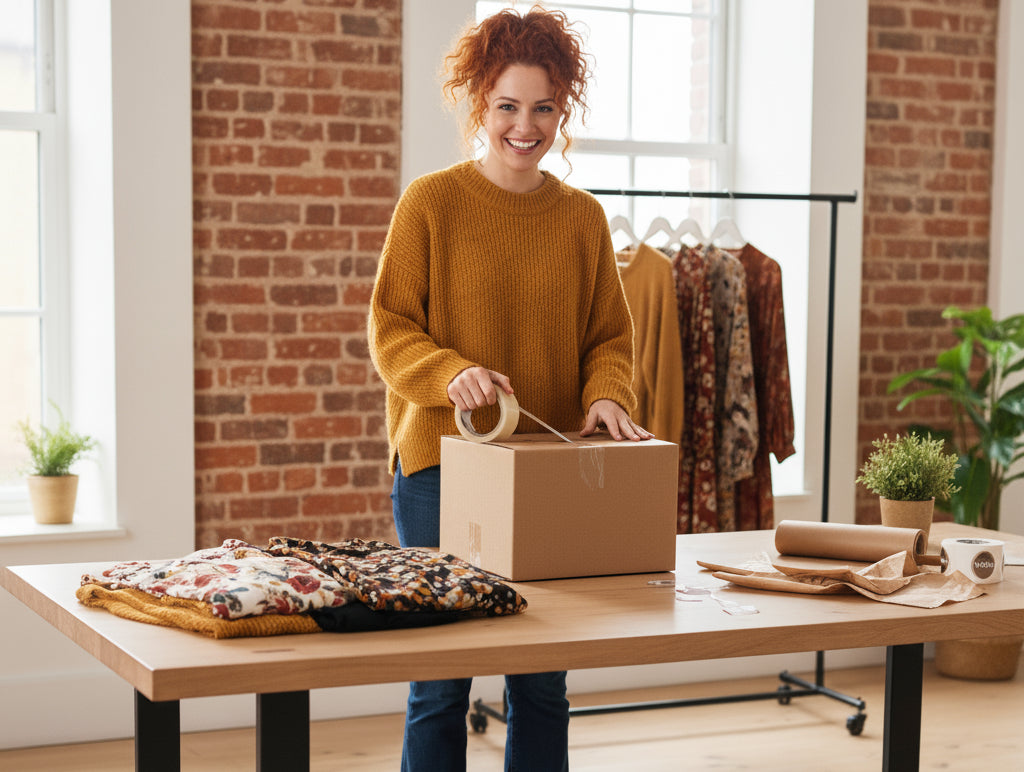Woman packaging a box in a room with brick walls and plants.