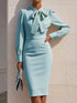 Bow Tie Neck Long Sleeve Bodycon Dress Pastel Blue - Fashorio