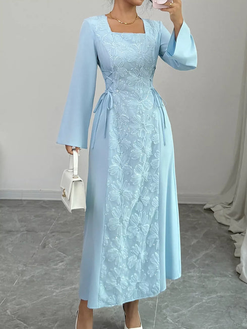 Fashorio Pastel Blue / S Lace Up Square Neck Long Sleeve Maxi Dress