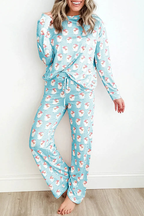 Fashorio Pastel Blue / S Santa Print Long Sleeve Top and Pants Lounge Set