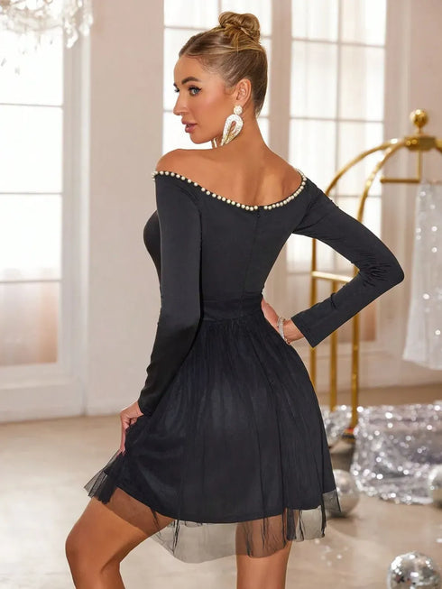 Fashorio Pearl Trim Mesh Hem Off Shoulder Dress
