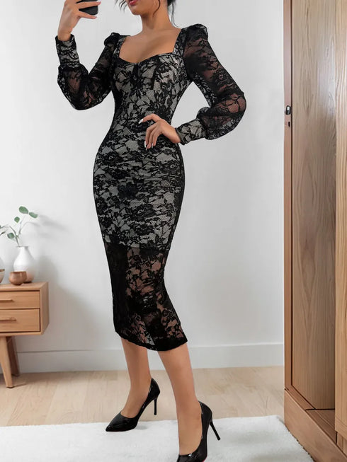 Fashorio Perfee Lace Sweetheart Neck Long Sleeve Midi Dress