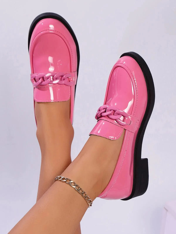 Round Toe Chain Detail Loafers Pink - Fashorio