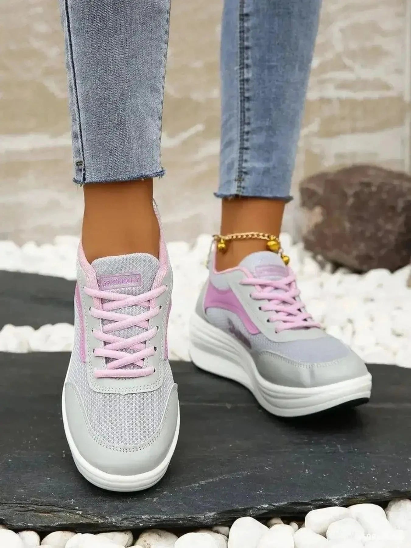Breathable Lace Up Contrast Mesh Athletic Pink - Fashorio