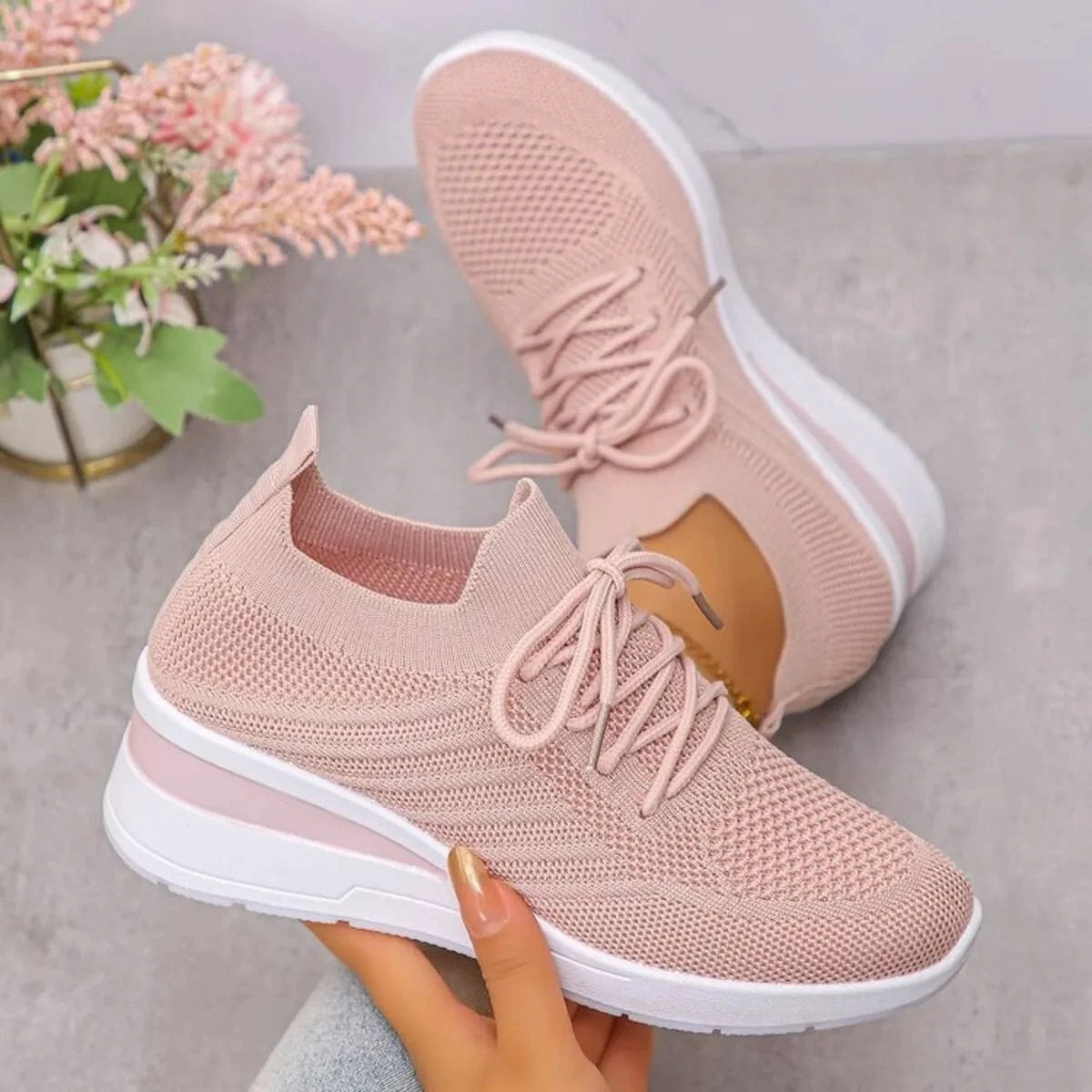 Lace Up Wedge Athletic Pink - Fashorio