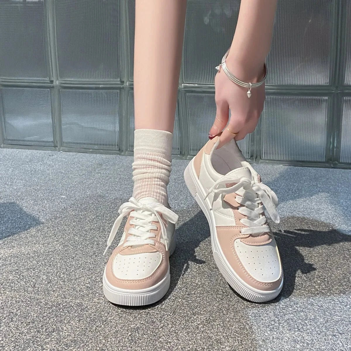 Low-Top Lace-Up Breathable Sneakers Pink - Fashorio