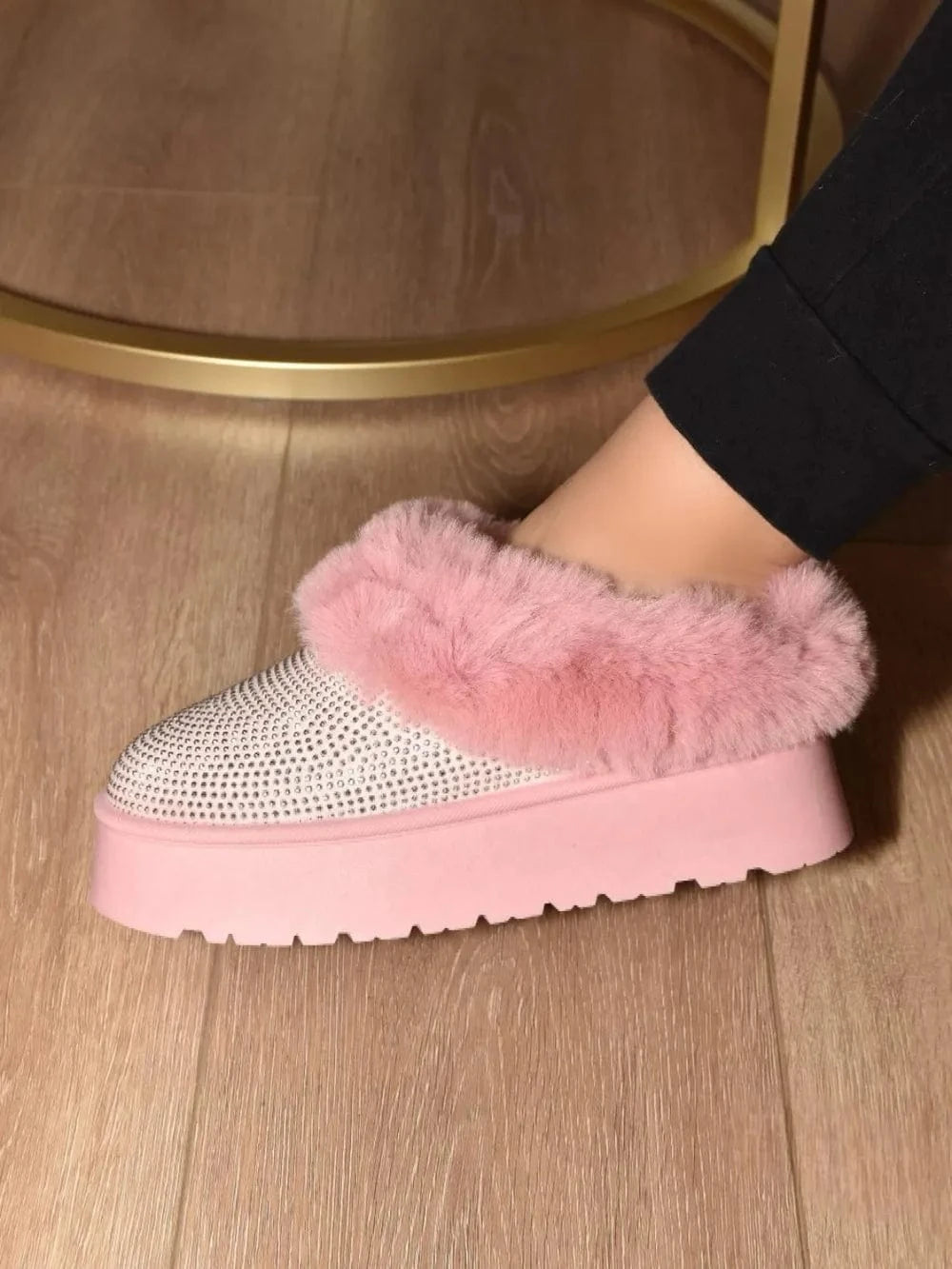 WILD DIVA Embellished Faux Fur Platform Booties Pink - Fashorio