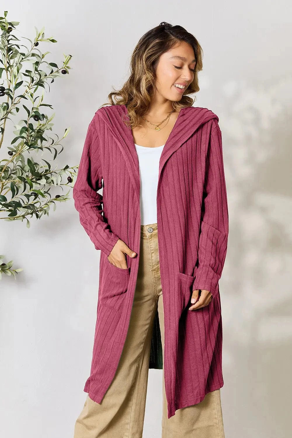 Basic Bae Full Size Hooded Sweater Cardigan Pink - Fashorio