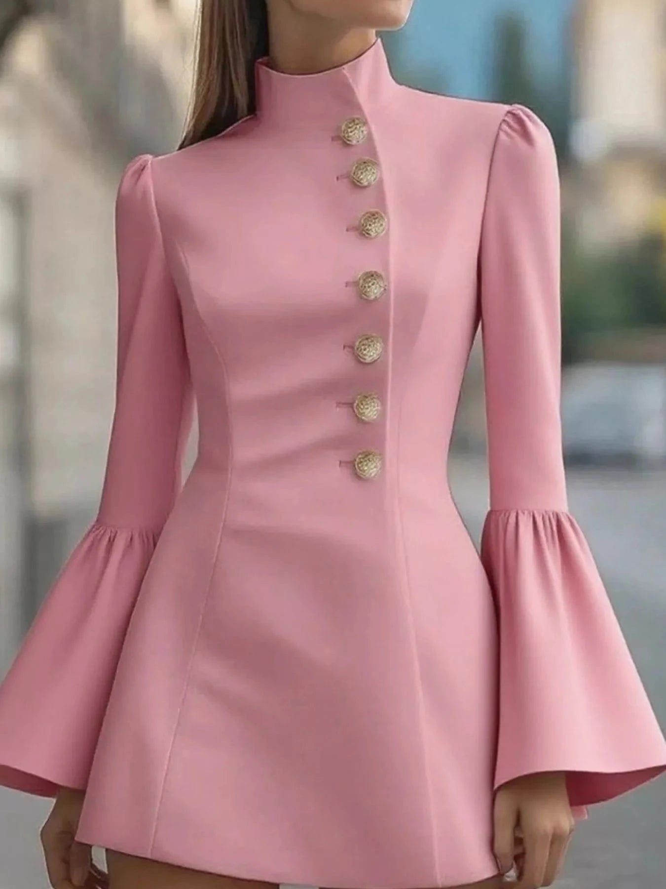 Bell Sleeve Mini Dress with Front Button Pink - Fashorio