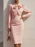 Bow Tie Neck Long Sleeve Bodycon Dress Pink - Fashorio
