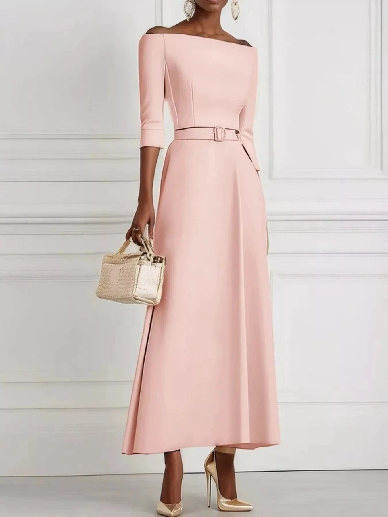Elegant Off-Shoulder Belted Maxi Dress Pink - Fashorio