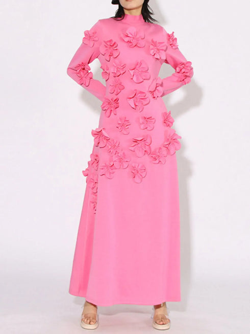 Fashorio Pink / S Floral Applique Long Sleeve Maxi Dress