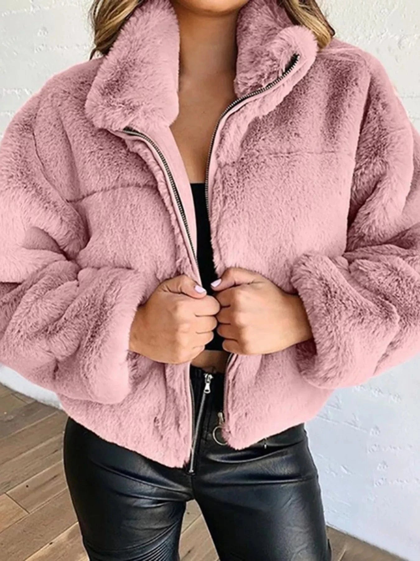 Full Size Faux Fur Cropped Zip-Up Jacket Plus Size Pink - Fashorio