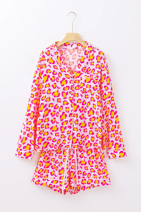 Fashorio Pink / S Leopard Collared Neck Long Sleeve Top and Shorts Lounge Set
