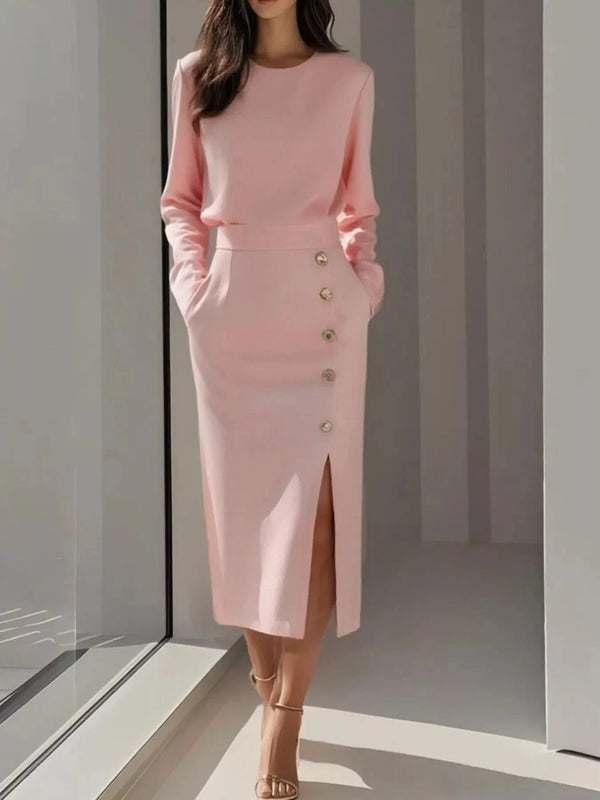 Long Sleeve Button Detail Midi Dress with Side Slit Pink - Fashorio