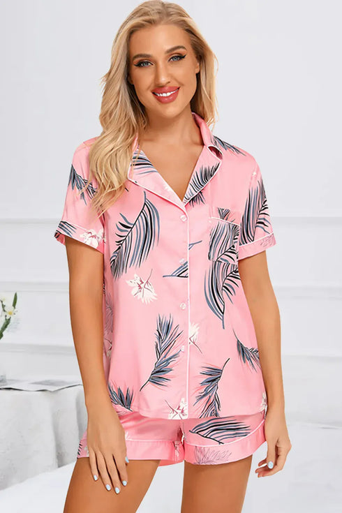 Fashorio Pink / S Printed Button Up Short Sleeve Top and Shorts Lounge Set