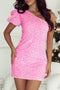 Fashorio Pink / S Sequin Single Shoulder Short Sleeve Mini Dress