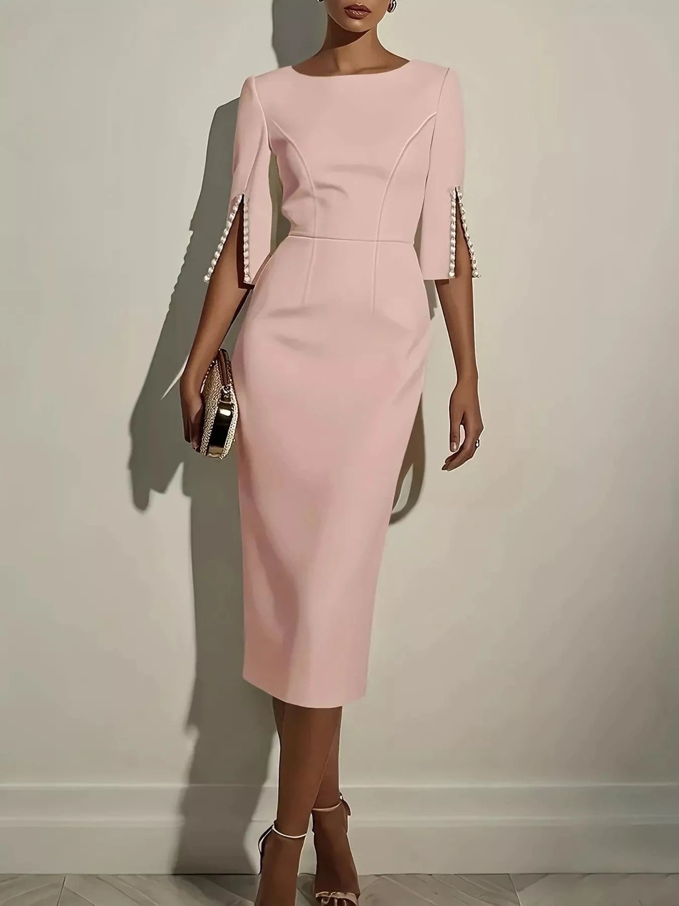 Slim-Fit Elegant Midi Dress with Beaded Slit Sleeve Pink - Fashorio