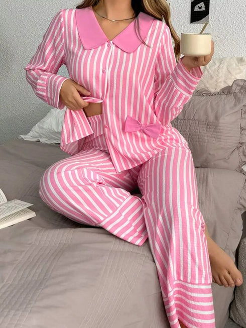 Fashorio Pink / S Stripe Buttoned Front Long Sleeve Top and Pants 2 Piece Sleepwear